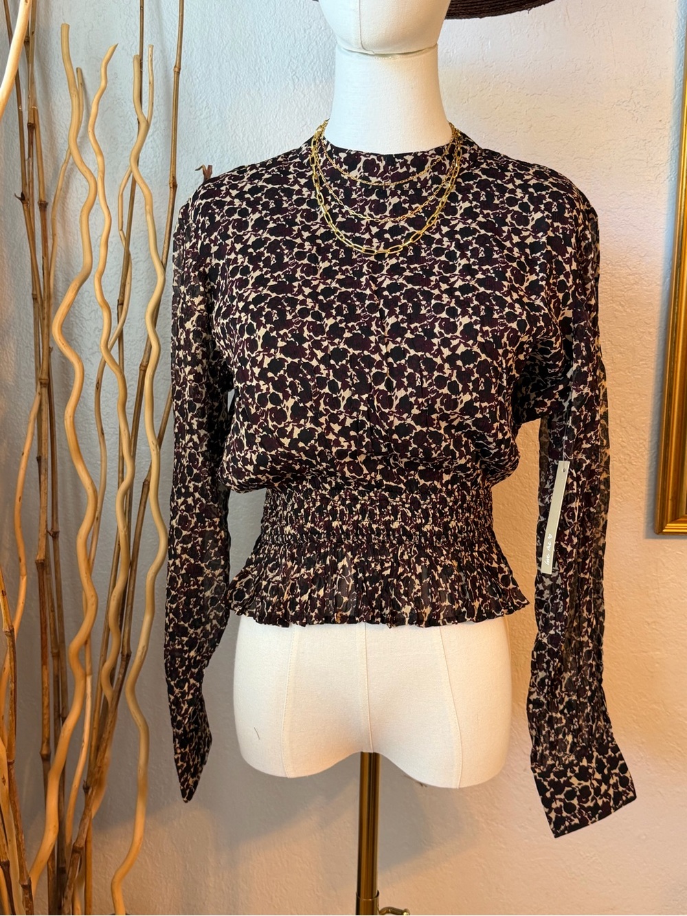12~ NWT Cleobella Smocked Waist Long-Sleeve Printed Top - Black & Cream Sz. Sm